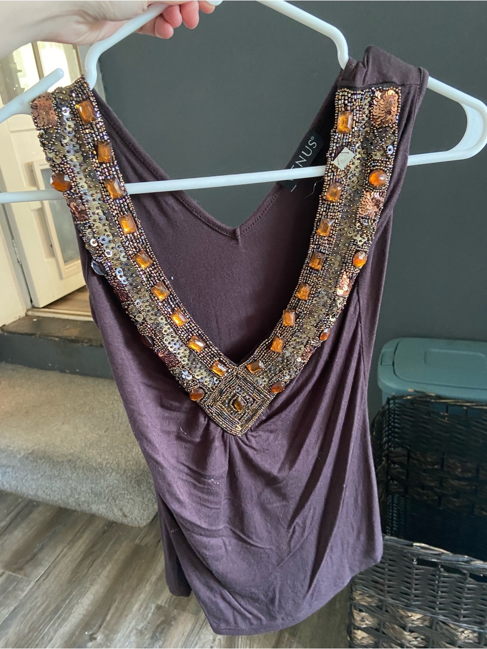 Beaded V-Neck Women’s Tank Top - Brown with Amber Accents